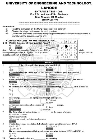 ECAT Past Paper 2011 PDF by UET Lahore