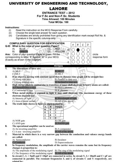 ECAT Past Paper 2012 PDF by UET Lahore