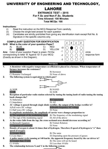 UET Lahore ECAT Past Paper 2015 PDF