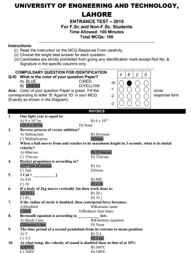 ECAT Past Paper 2010 PDF by UET