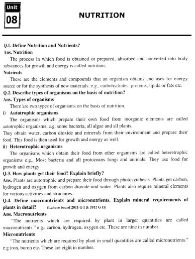 9th Class Bio (EM) Chapter 8 (Nutrition) Notes PDF